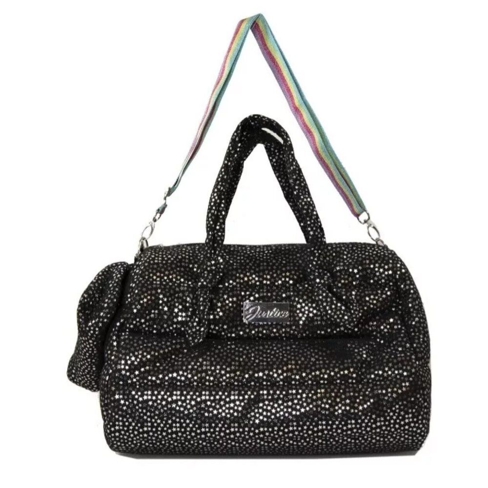Justice 2pc Quilted Silver Star Duffle Bag With Matching Pouch Removable Strap